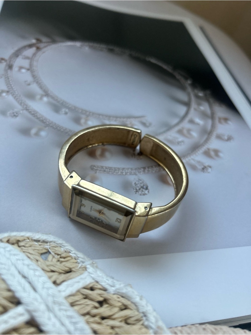 Japan movt Gold Tone Rectangular Face Cuff Watch Bracelet